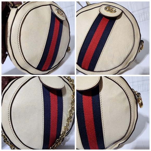 Authentic GUCCI Textured Calfskin Web Mini Ophidia Round Shoulder Bag Mystic Whi - Picture 11 of 16